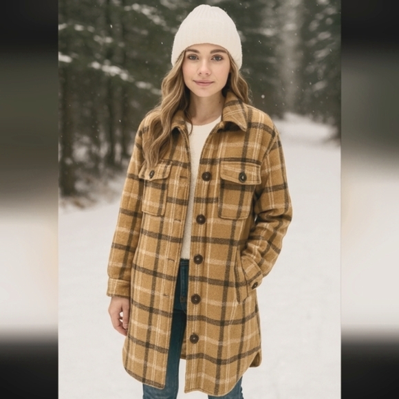 ON BLUE Long Plaid Flannel Shacket Jacket Button Down With Pockets - Picture 1 of 8